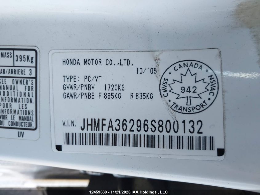 2006 Honda Civic Hybrid VIN: JHMFA36296S800132 Lot: 12459589