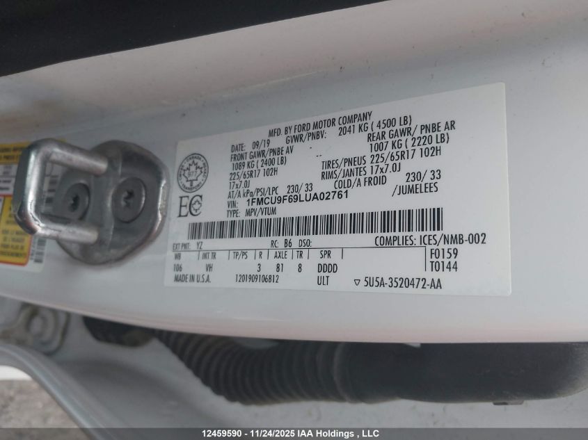 2020 Ford Escape S VIN: 1FMCU9F69LUA02761 Lot: 12459590