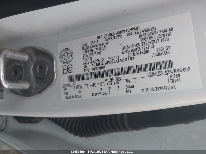 2020 Ford Escape S VIN: 1FMCU9F69LUA02761 Lot: 12459590