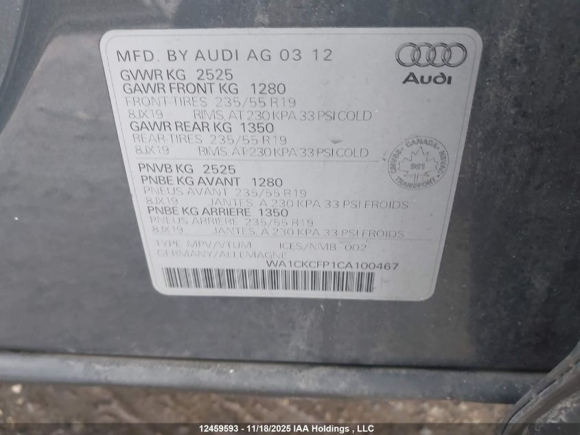 2012 Audi Q5 3.2 VIN: WA1CKCFP1CA100467 Lot: 12459593