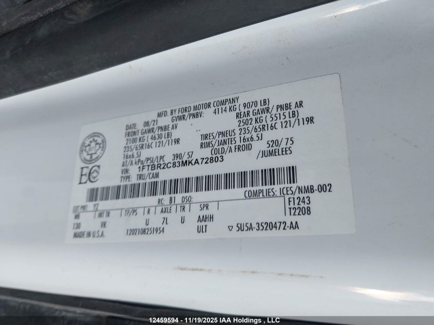 2021 Ford Transit T-250 VIN: 1FTBR2C83MKA72803 Lot: 12459594