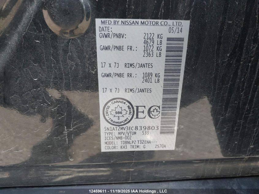 2014 Nissan Rogue S/Sl/Sv VIN: 5N1AT2MV3EC839803 Lot: 12459611