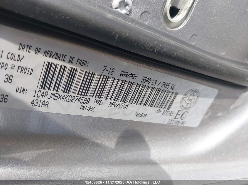 2019 Jeep Cherokee Trailhawk VIN: 1C4PJMBX4KD274598 Lot: 12459626