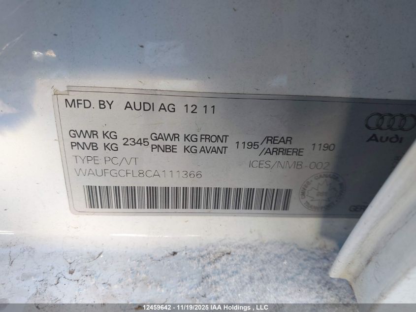 2012 Audi S4 Premium VIN: WAUFGCFL8CA111366 Lot: 12459642