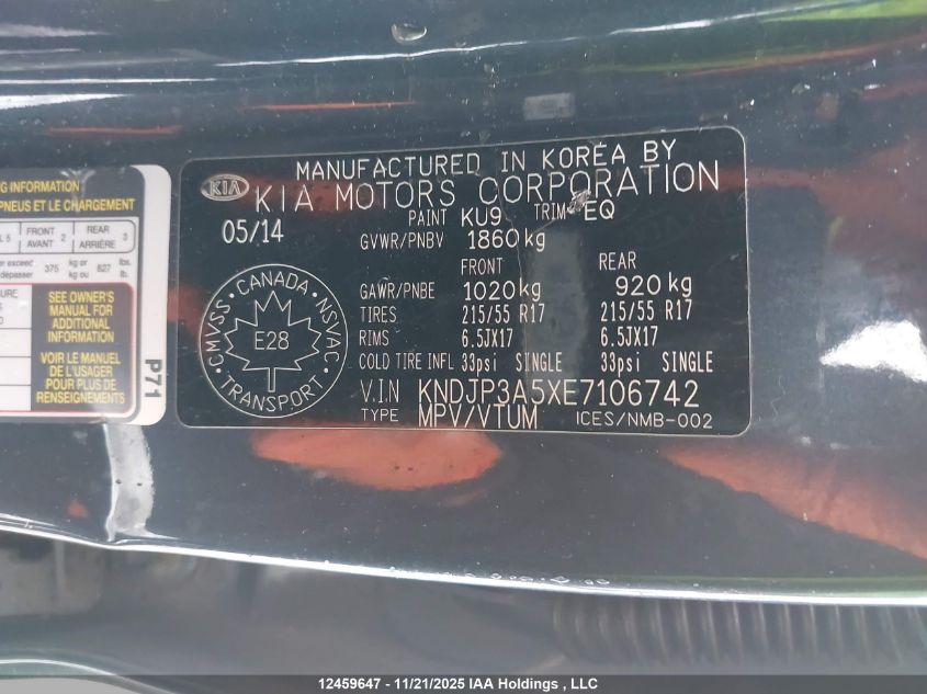 2014 Kia Soul + VIN: KNDJP3A5XE7106742 Lot: 12459647