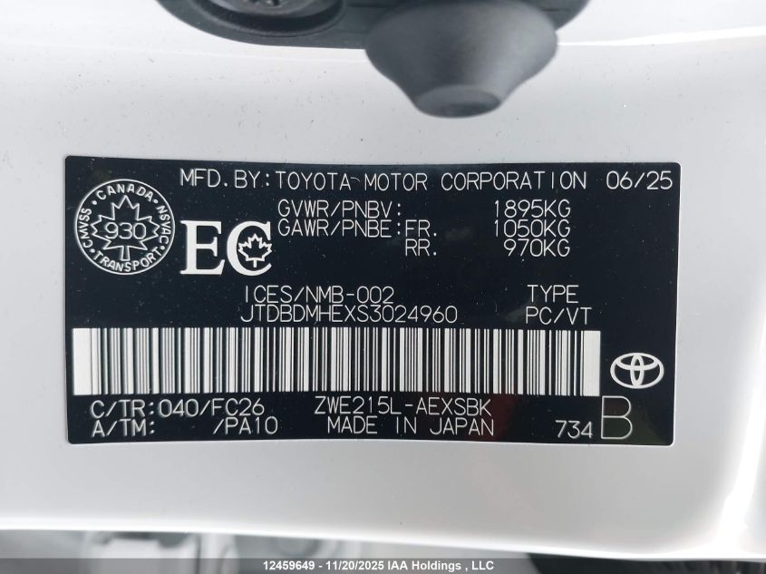 2025 Toyota Corolla Le/Se VIN: JTDBDMHEXS3024960 Lot: 12459649