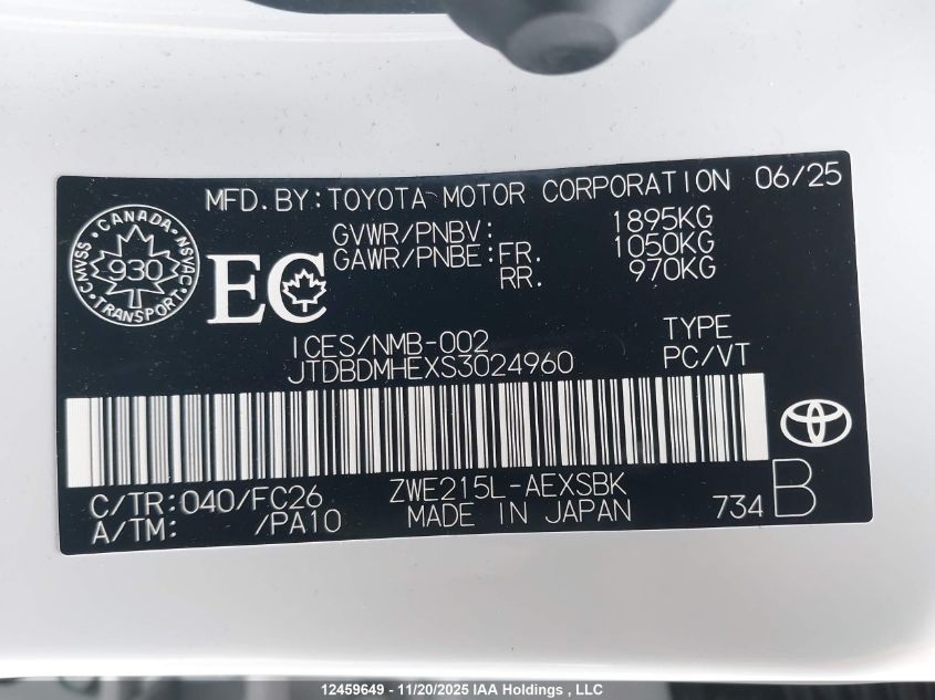 2025 Toyota Corolla Le/Se VIN: JTDBDMHEXS3024960 Lot: 12459649