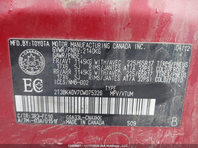 2T3BK4DV7CW075326 2012 TOYOTA RAV 4 photo no. 9