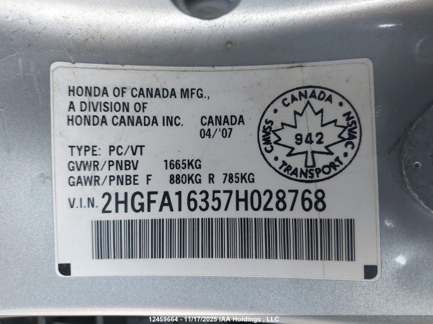 2007 Honda Civic Dx VIN: 2HGFA16357H028768 Lot: 12459664