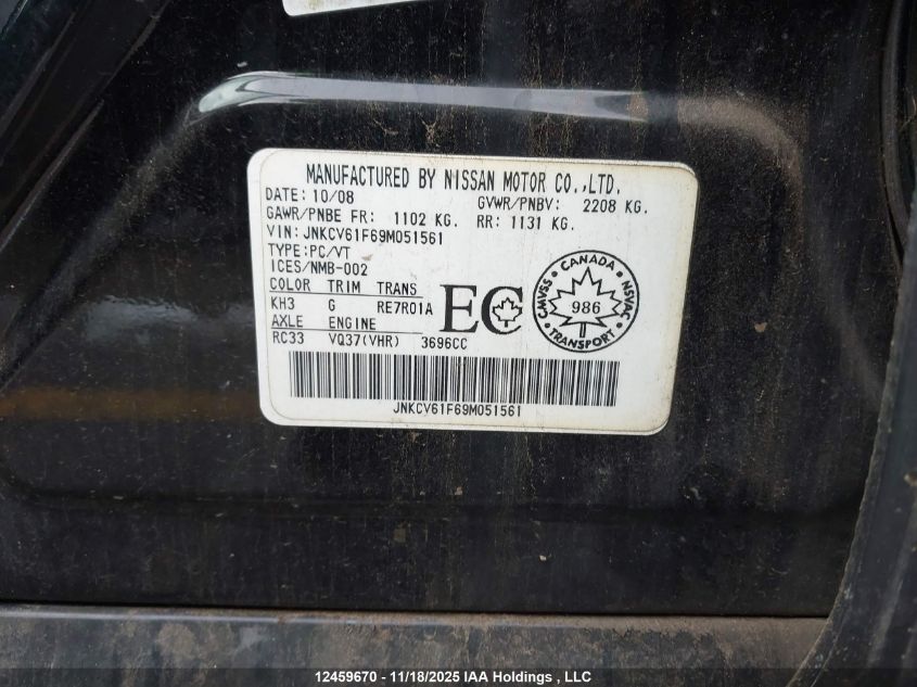 2009 Infiniti G37X VIN: JNKCV61F69M051561 Lot: 12459670