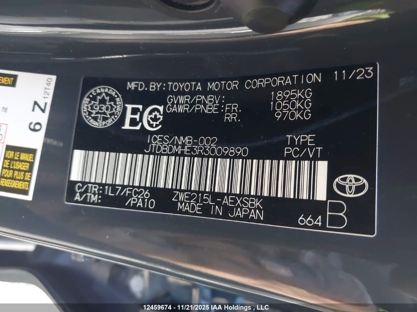 2024 Toyota Corolla Hybrid VIN: JTDBDMHE3R3009890 Lot: 12459674