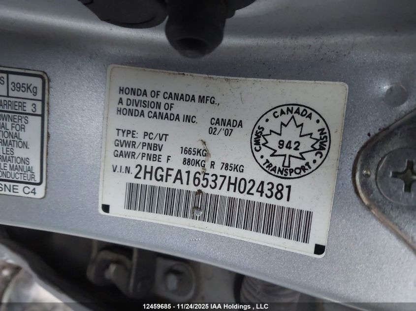 2007 Honda Civic Lx VIN: 2HGFA16537H024381 Lot: 12459685