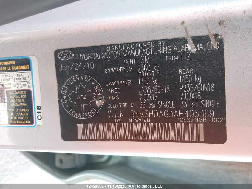 2010 Hyundai Santa Fe Se VIN: 5NMSHDAG3AH405369 Lot: 12459692