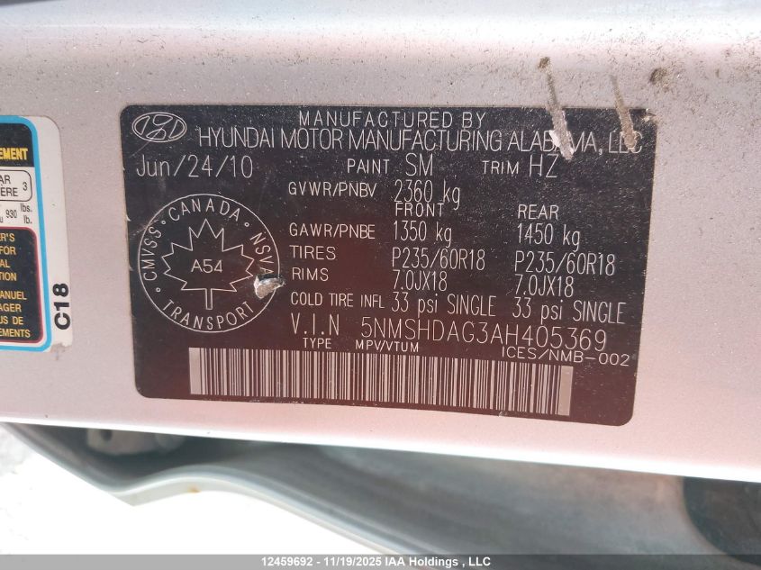 2010 Hyundai Santa Fe Se VIN: 5NMSHDAG3AH405369 Lot: 12459692