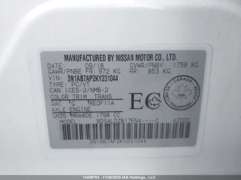 2019 Nissan Sentra 1.8 S/1.8 Sv VIN: 3N1AB7AP2KY231044 Lot: 12459703