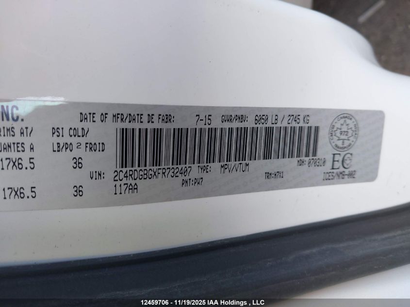 2015 Dodge Grand Caravan Se/Sxt VIN: 2C4RDGBGXFR732407 Lot: 12459706