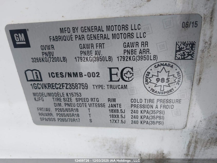 1GCVKREC2FZ358759 2015 CHEVROLET SILVERADO photo no. 9