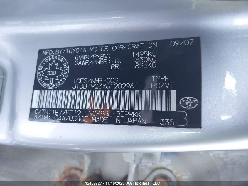 2008 Toyota Yaris VIN: JTDBT923X81202961 Lot: 12459727