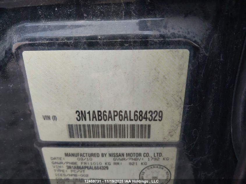 2010 Nissan Sentra 2.0S VIN: 3N1AB6AP6AL684329 Lot: 12459731