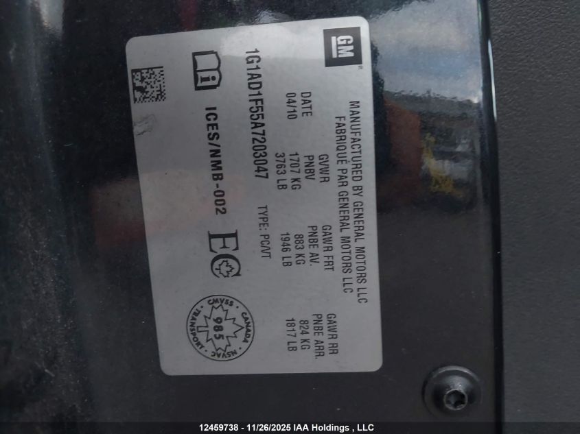 2010 Chevrolet Cobalt Lt VIN: 1G1AD1F55A7203047 Lot: 12459738