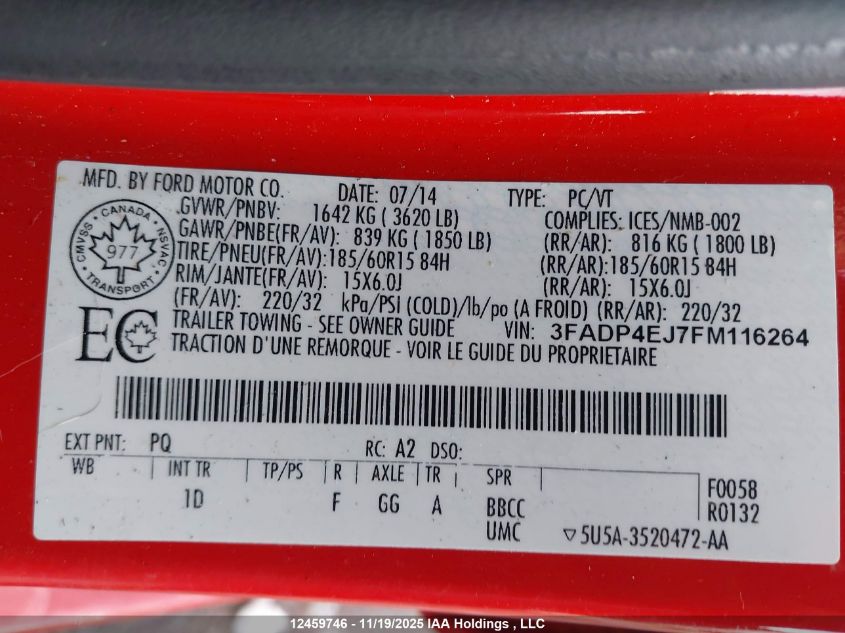 2015 Ford Fiesta Se VIN: 3FADP4EJ7FM116264 Lot: 12459746