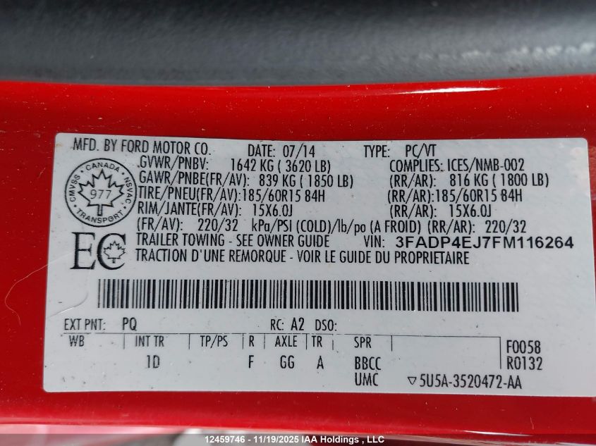 2015 Ford Fiesta Se VIN: 3FADP4EJ7FM116264 Lot: 12459746