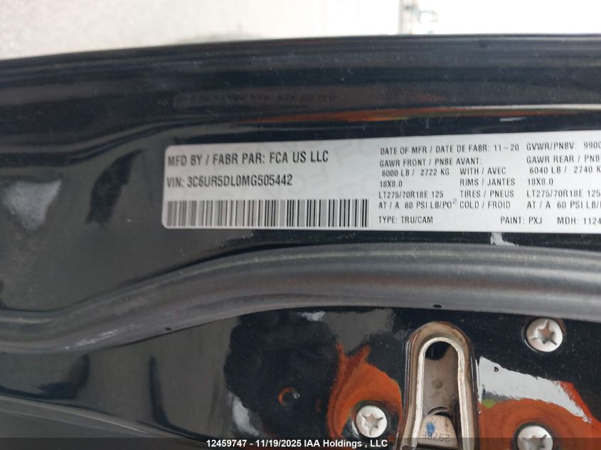 2021 Ram 2500 Big Horn VIN: 3C6UR5DL0MG505442 Lot: 12459747