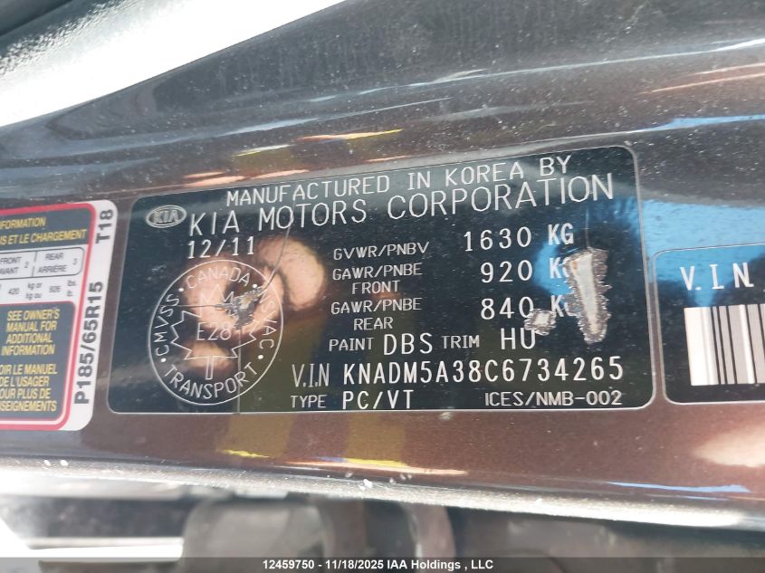 2012 Kia Rio Ex/Lx/Lx+/Sx VIN: KNADM5A38C6734265 Lot: 12459750