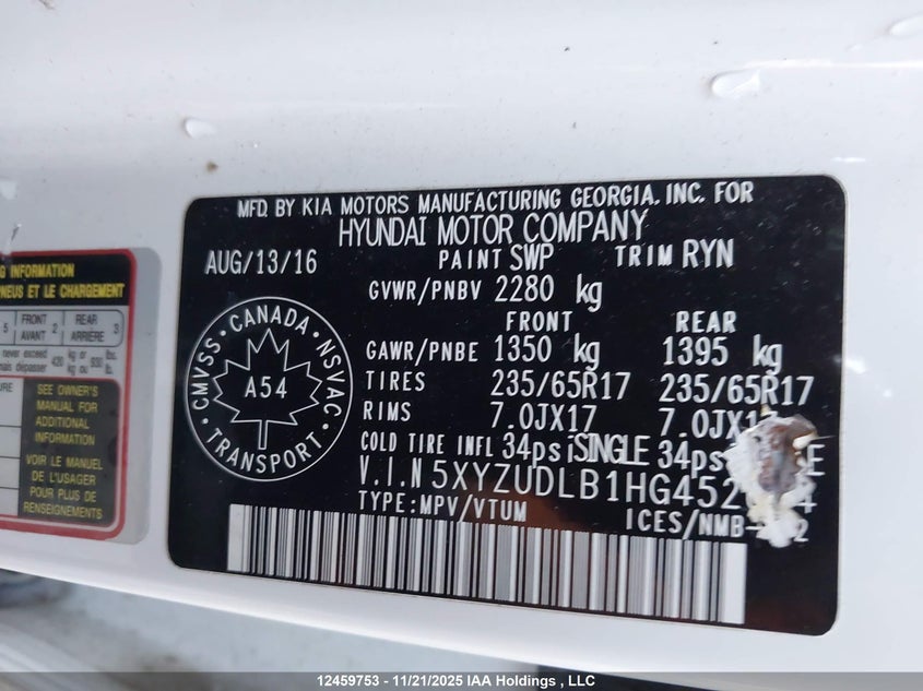 5XYZUDLB1HG452674 2017 HYUNDAI SANTA FE photo no. 9