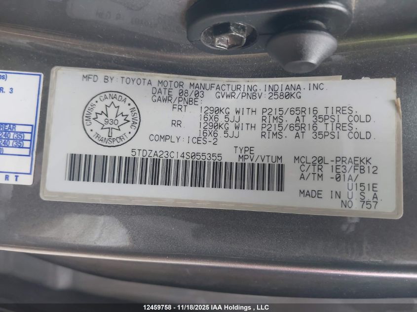 2004 Toyota Sienna VIN: 5TDZA23C14S055355 Lot: 12459758