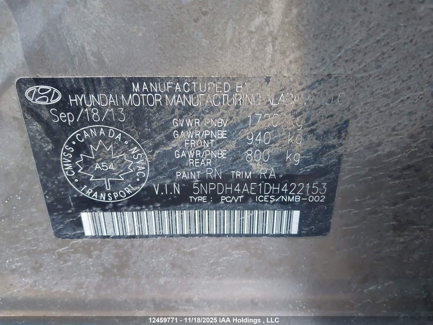 2013 Hyundai Elantra Gl VIN: 5NPDH4AE1DH422153 Lot: 12459771