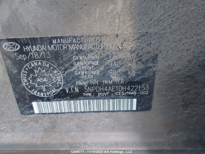2013 Hyundai Elantra Gl VIN: 5NPDH4AE1DH422153 Lot: 12459771