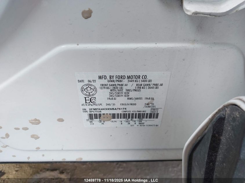 2022 Ford Edge Titanium VIN: 2FMPK4K9XNBA76175 Lot: 12459778