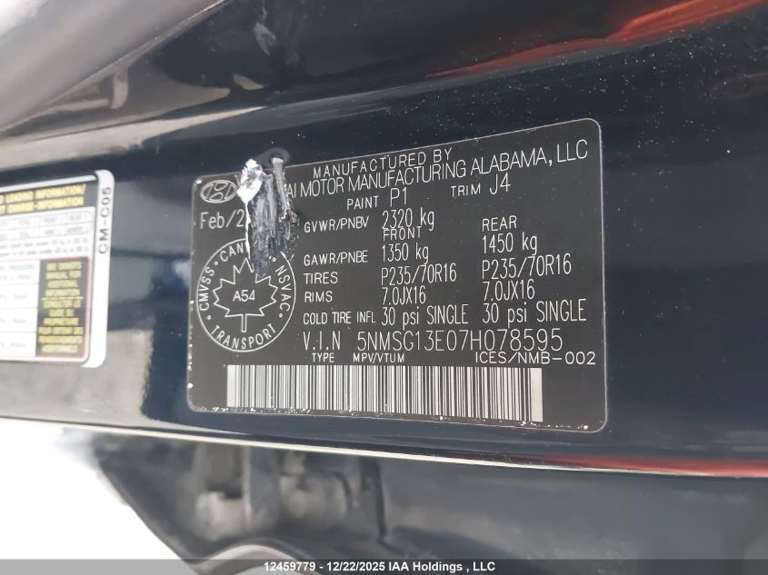 2007 Hyundai Santa Fe Gl V6 VIN: 5NMSG13E07H078595 Lot: 12459779