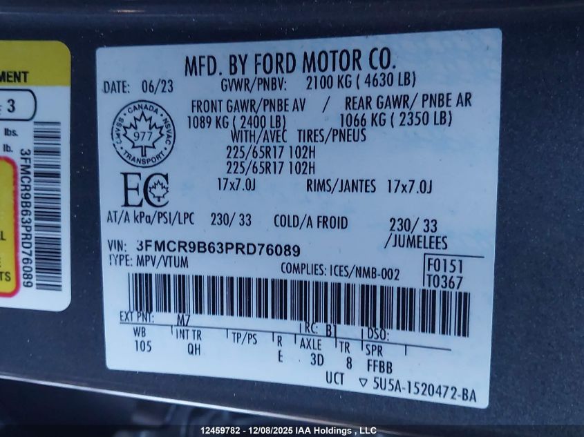 2023 Ford Bronco Sport Big Bend VIN: 3FMCR9B63PRD76089 Lot: 12459782