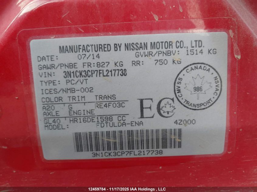 2015 Nissan Micra VIN: 3N1CK3CP7FL217738 Lot: 12459784