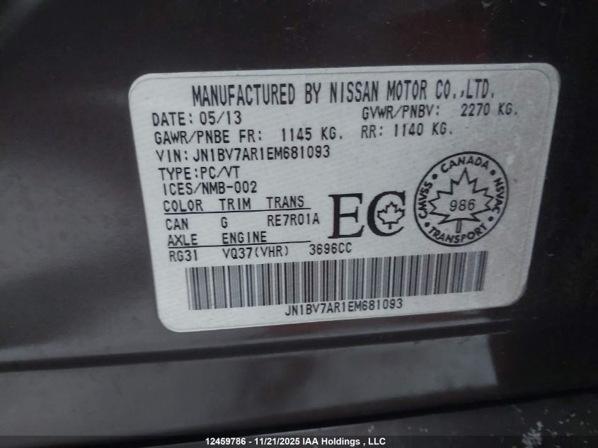 2014 Infiniti Q50 Premium/Sport VIN: JN1BV7AR1EM681093 Lot: 12459786