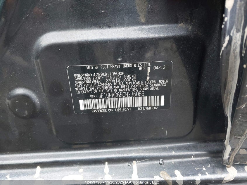 2012 Subaru Impreza VIN: JF1GPAD65CH236069 Lot: 12459796