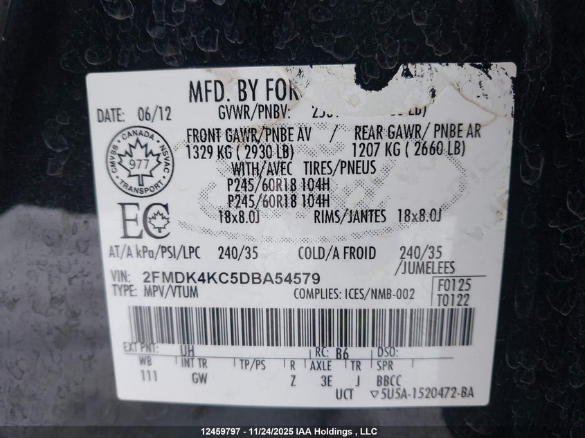 2FMDK4KC5DBA54579 2013 FORD EDGE photo no. 9