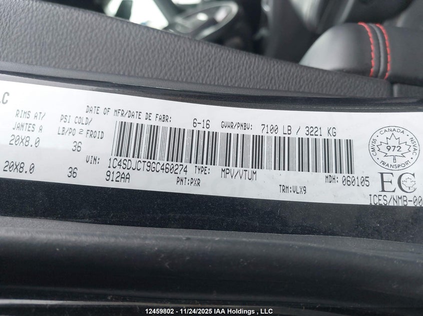 2016 Dodge Durango R/T VIN: 1C4SDJCT9GC460274 Lot: 12459802