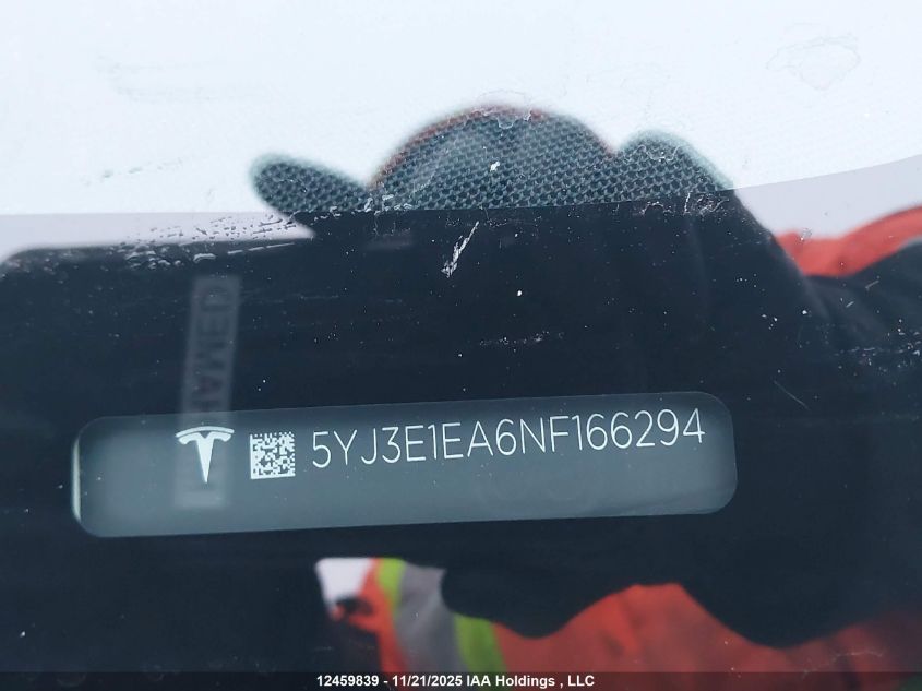 2022 Tesla Model 3 VIN: 5YJ3E1EA6NF166294 Lot: 12459839