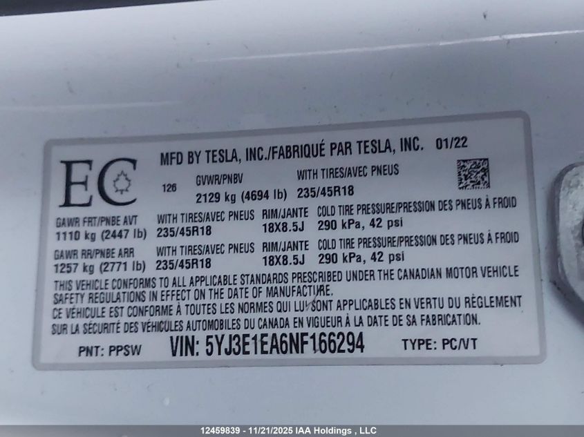 2022 Tesla Model 3 VIN: 5YJ3E1EA6NF166294 Lot: 12459839