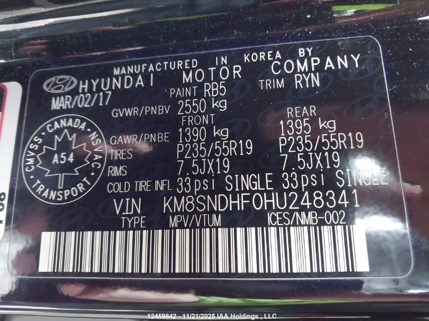 2017 Hyundai Santa Fe Xl Limited VIN: KM8SNDHF0HU248341 Lot: 12459842