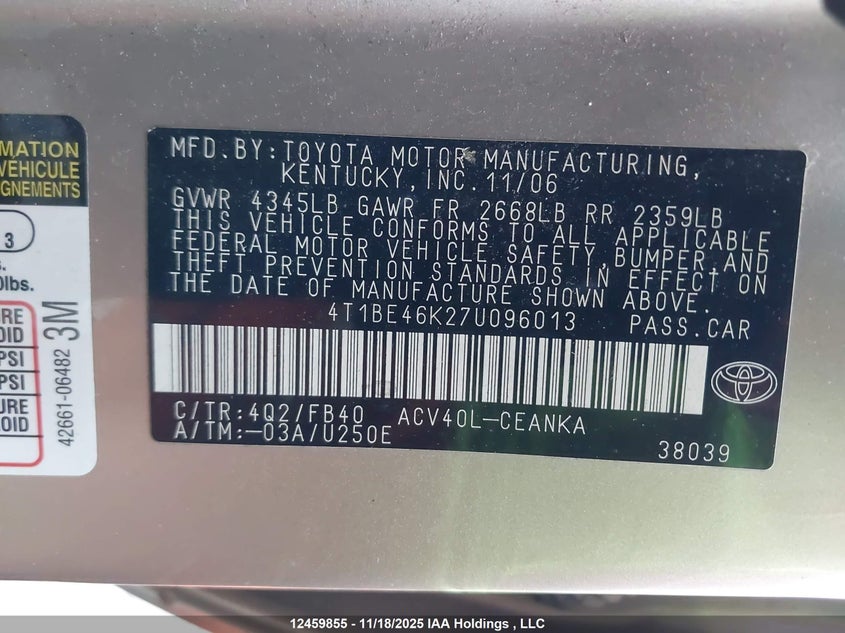 2007 Toyota Camry Le VIN: 4T1BE46K27U096013 Lot: 12459855