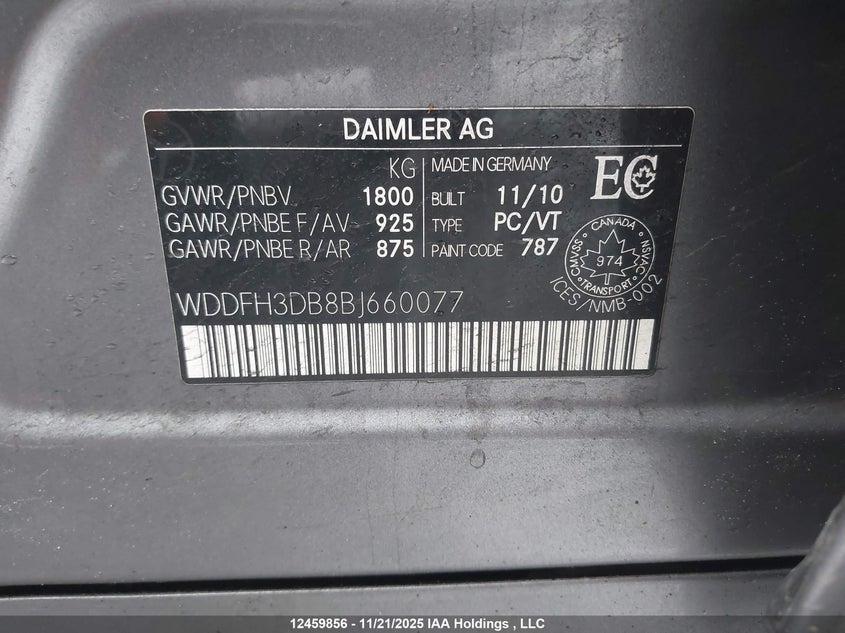 2011 Mercedes-Benz B200 VIN: WDDFH3DB8BJ660077 Lot: 12459856