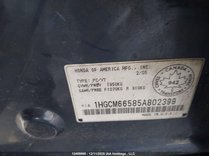 2005 Honda Accord VIN: 1HGCM66585A802399 Lot: 12459865