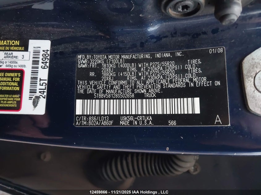 5TBBV58128S502658 2008 TOYOTA TUNDRA photo no. 9