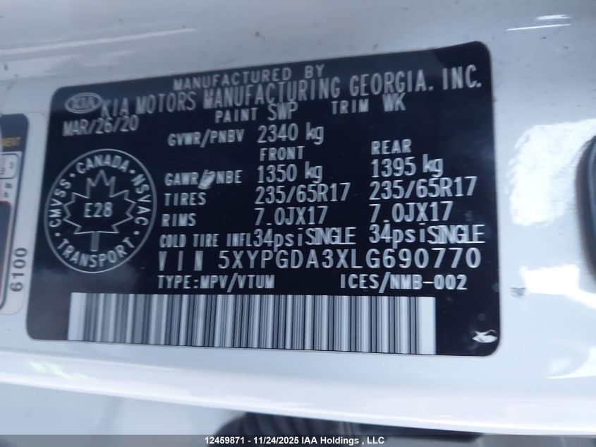 2020 Kia Sorento 2.4L Lx/2.4L Lx+/3.3L Lx+ VIN: 5XYPGDA3XLG690770 Lot: 12459871