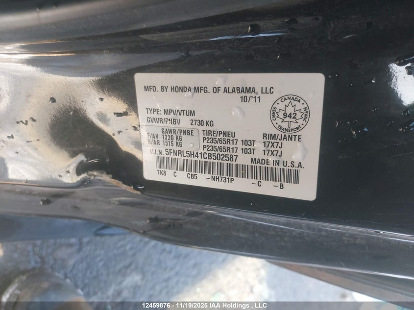 2012 Honda Odyssey Ex VIN: 5FNRL5H41CB502587 Lot: 12459876