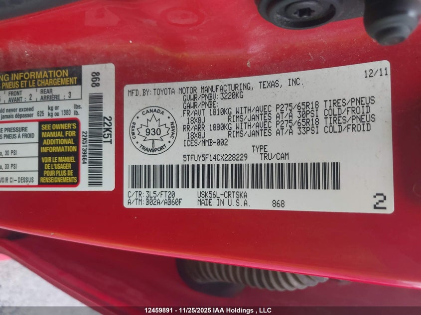 2012 Toyota Tundra Double Cab Sr5 VIN: 5TFUY5F14CX228229 Lot: 12459891